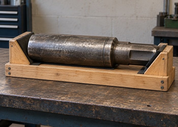 Illustrative detached steel tool sample in low padded cradle on stable bench