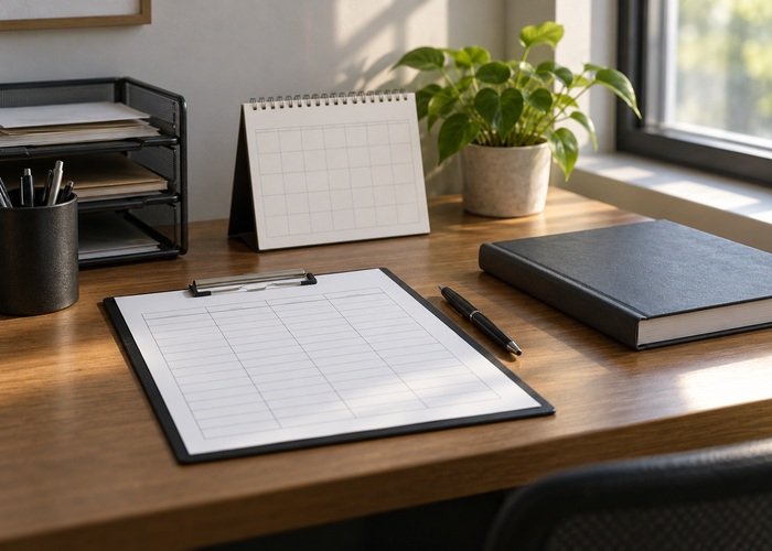 Illustrative blank attachment storage log beside plain calendar and closed manual