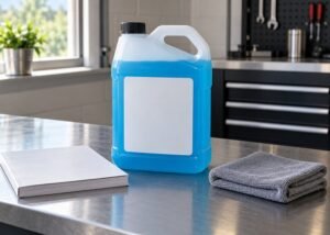 Illustrative sealed coolant jug beside closed maintenance manual