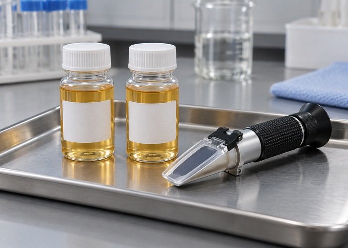 Illustrative closed coolant sample bottles and separate refractometer