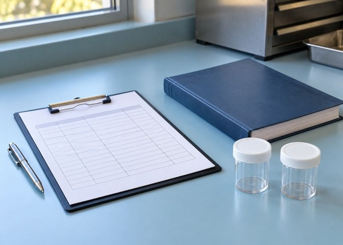 Illustrative blank coolant service record beside closed manual and sealed sample containers
