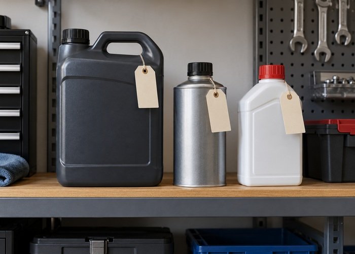 Illustrative sealed lubricant containers with blank identity tags