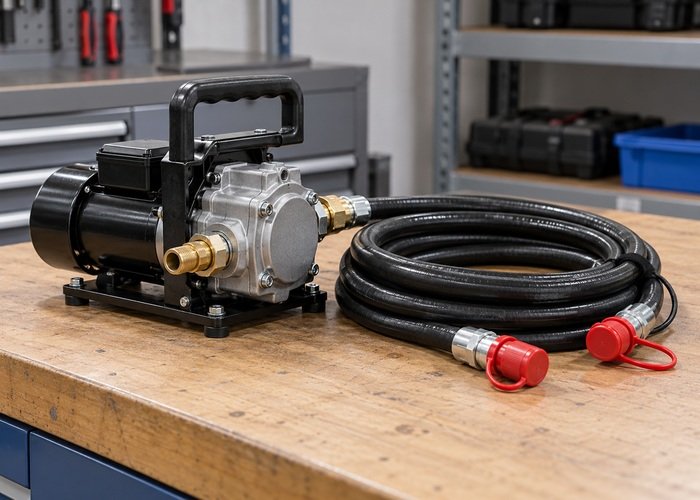 Illustrative disconnected fluid transfer pump and coiled hose with protective end caps