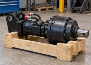 Illustrative detached hydraulic auger drive supported horizontally with capped hoses