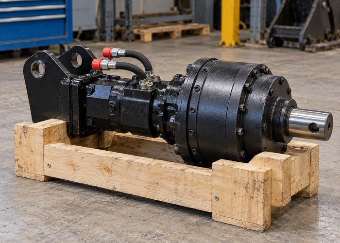 Illustrative detached hydraulic auger drive supported horizontally with capped hoses