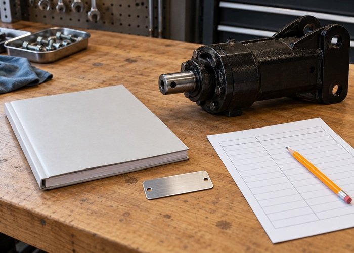 Illustrative blank attachment identification tag beside a closed manual and serial record