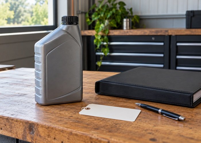 Illustrative sealed plain gear-oil bottle beside a blank service card and closed binder