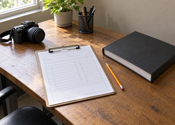 Illustrative blank component request form beside closed maintenance manual