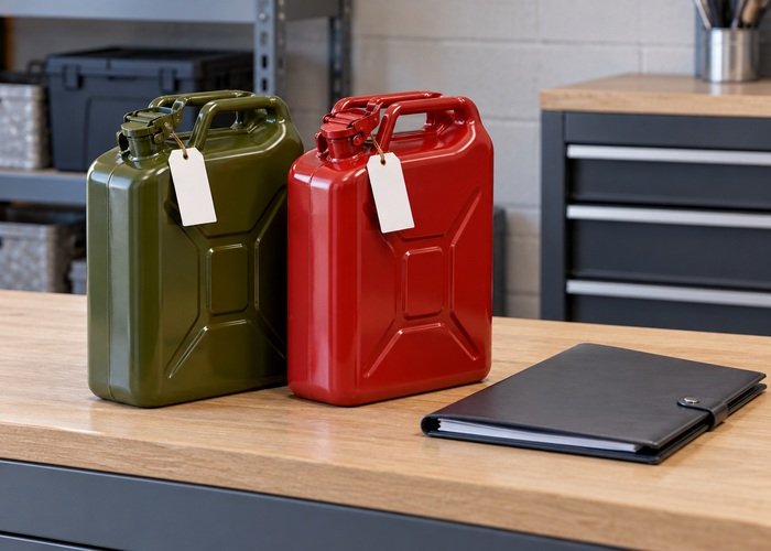 Illustrative closed fuel cans with blank tags beside delivery folder