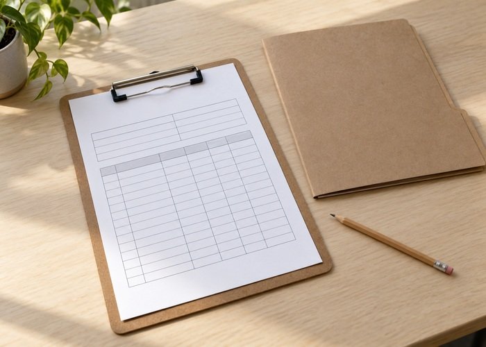 Illustrative blank fuel receipt and transfer log beside closed folder