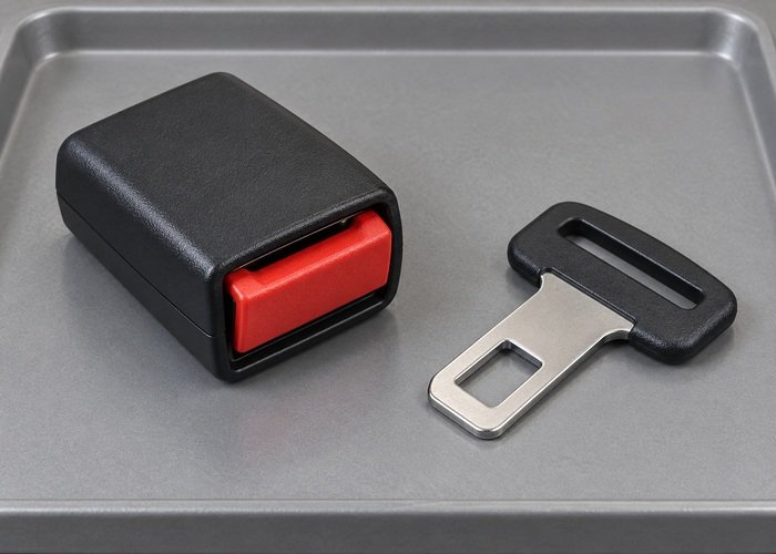 Illustrative separate restraint buckle and matching tongue on inspection tray