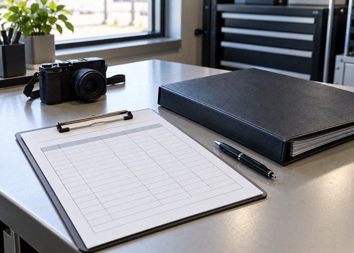 Illustrative blank restraint inspection record beside closed parts folder