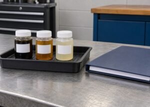 Illustrative closed identified sample containers on containment tray