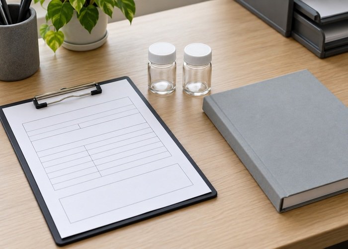 Illustrative blank waste collection request beside closed service manual and sealed sample jars