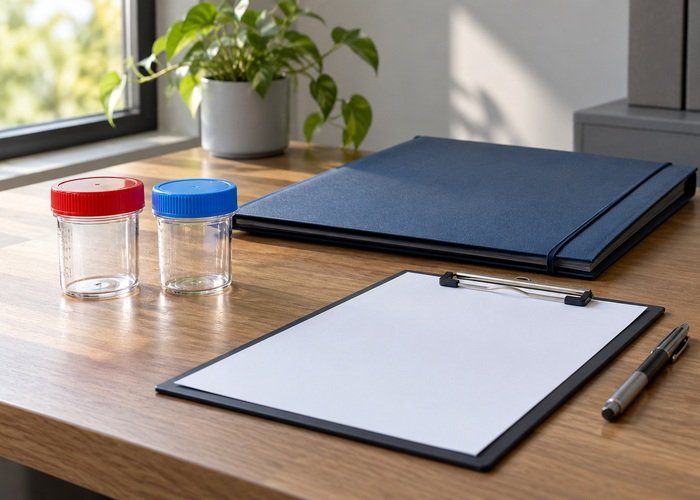 Illustrative blank fluid handover checklist beside closed folder and sealed empty jars
