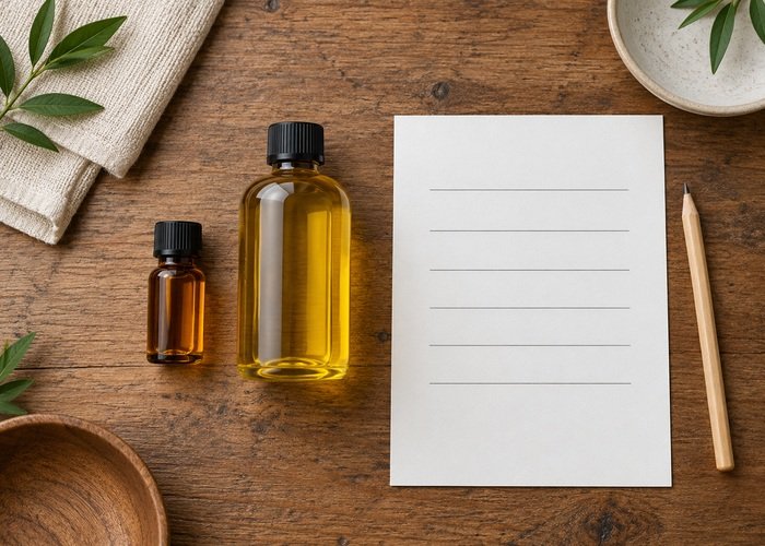 Illustrative sealed oil bottle and sample vial beside a blank product comparison sheet