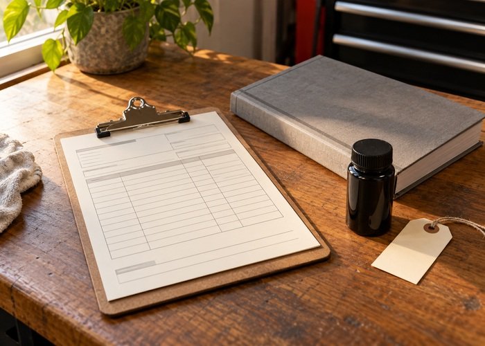 Illustrative blank engine service-fill record beside closed manual and capped sample bottle
