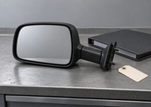Illustrative detached generic mirror assembly beside closed parts folder and blank tag