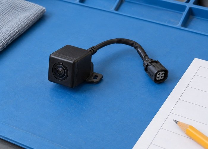 Illustrative detached generic camera with intact disconnected cable beside a blank parts sheet