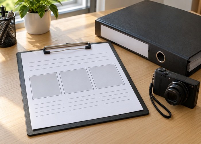 Illustrative blank visibility defect form beside closed parts binder and digital camera