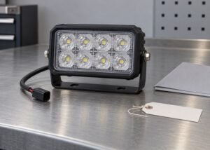 Illustrative detached unpowered work lamp beside closed manual and blank part tag