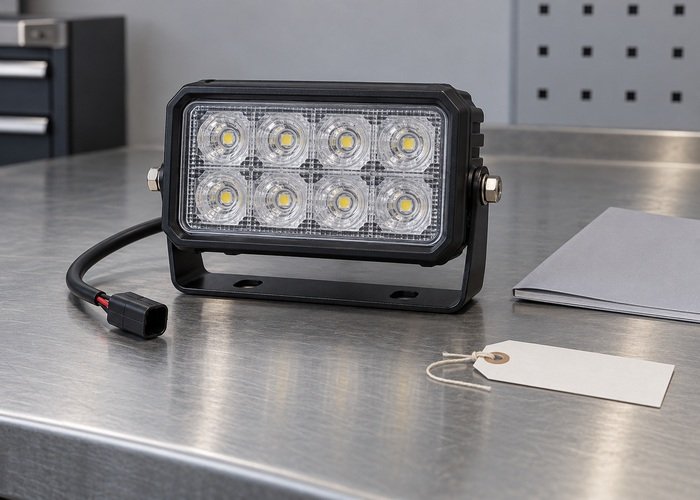 Illustrative detached unpowered work lamp beside closed manual and blank part tag