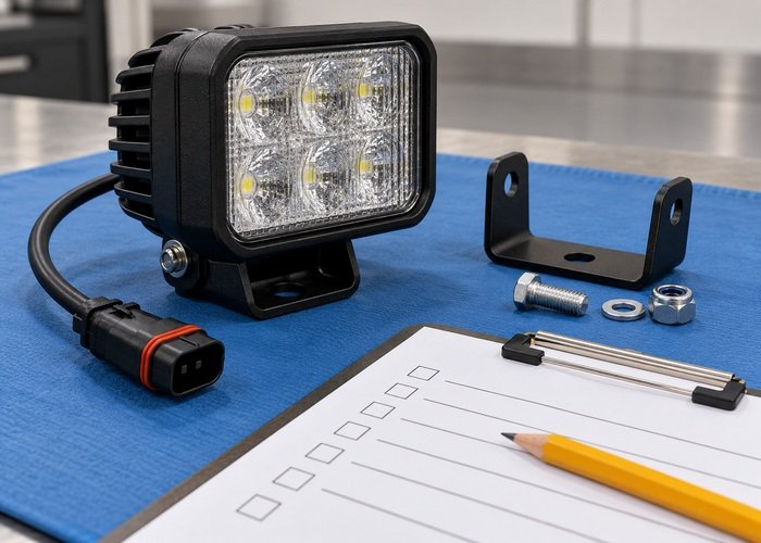 Illustrative detached unpowered work lamp with bracket and sealed connector beside blank checklist