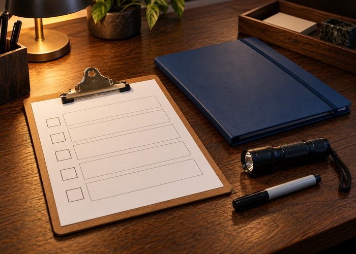 Illustrative blank site lighting review form beside closed project folder and switched off inspection torch