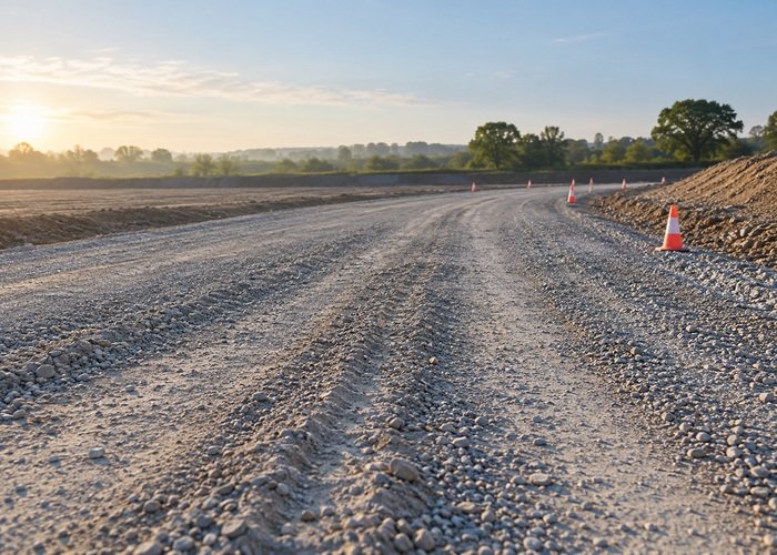 Illustrative empty gravel route with shallow ruts and cones along the edge