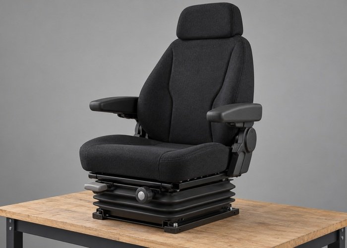 Illustrative detached generic operator seat with intact suspension base on a stable bench