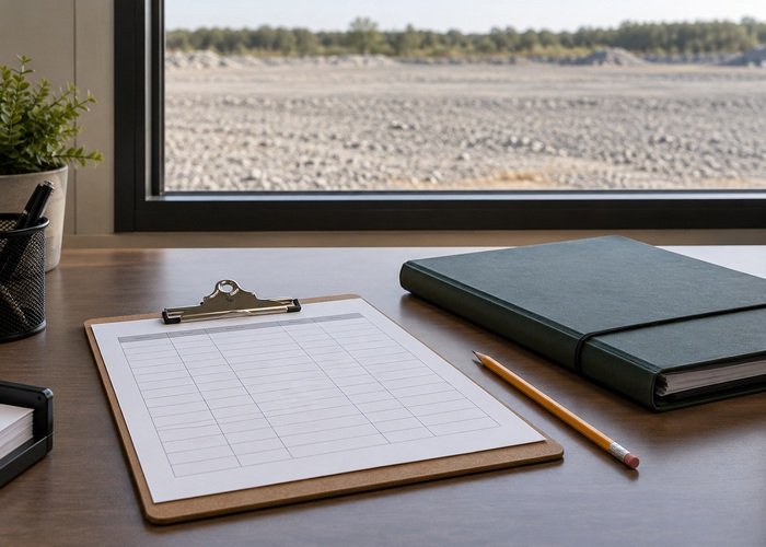 Illustrative blank task observation log beside a closed route-plan folder and pencil