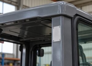 Illustrative close view of generic cab roof corner and steel upright with blank identity plate
