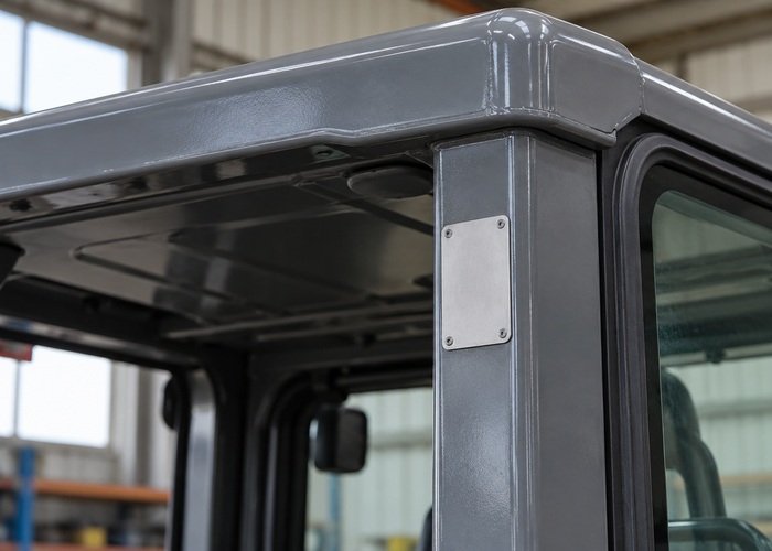Illustrative close view of generic cab roof corner and steel upright with blank identity plate