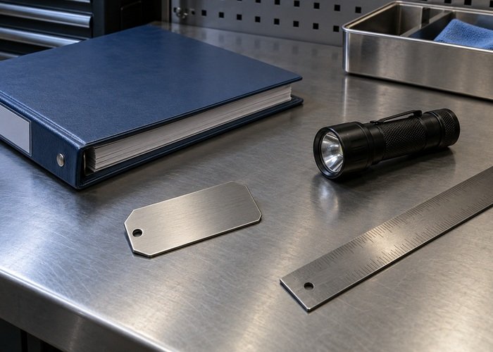 Illustrative blank metal identity tag beside closed machinery binder and inspection flashlight