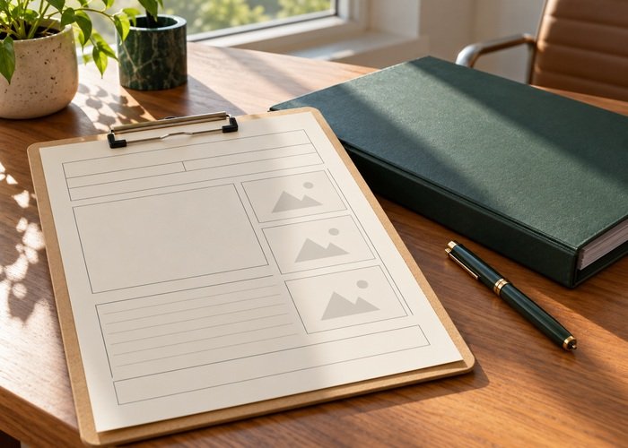 Illustrative blank protective structure assessment request beside closed project file and pen