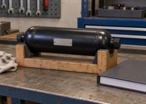 Illustrative closed cylindrical component supported in padded parts cradle beside service manual