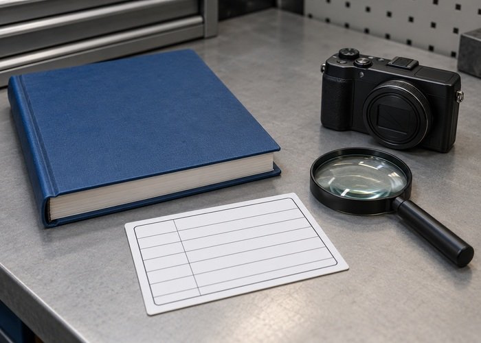 Illustrative closed service manual and blank component identity card beside camera and magnifying glass
