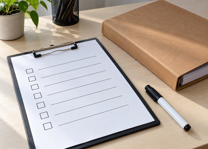 Illustrative blank service scope checklist beside closed equipment file and capped marker