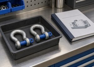 Illustrative detached lifting shackles resting in a tray beside closed machine manual