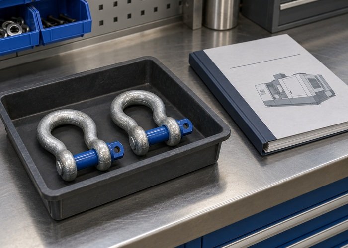 Illustrative detached lifting shackles resting in a tray beside closed machine manual