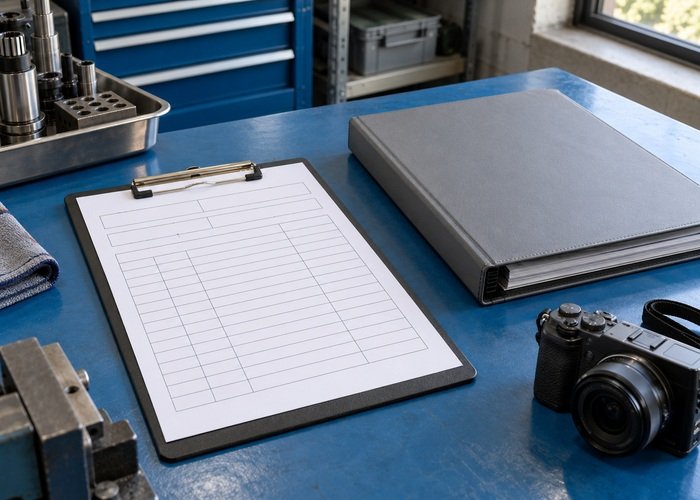 Illustrative blank machine configuration inventory beside closed equipment folder and camera