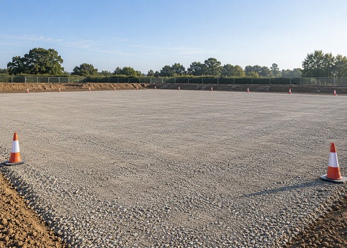 Illustrative empty hardstanding area with perimeter cones and no machines or suspended loads