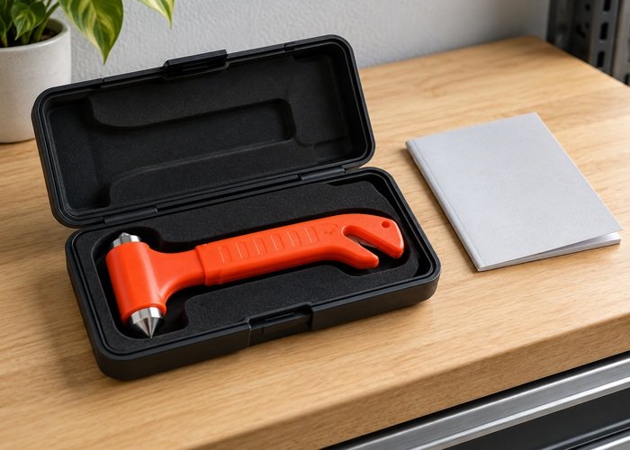 Illustrative unused generic escape hammer in a fitted case beside a closed manual