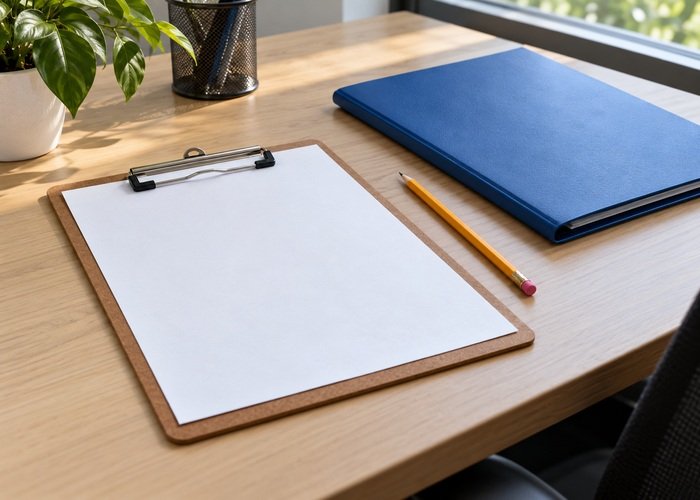 Illustrative blank cab familiarisation checklist beside closed folder and pencil