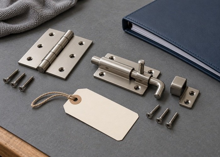 Illustrative detached generic hinge and latch parts beside blank identification tag and closed folder
