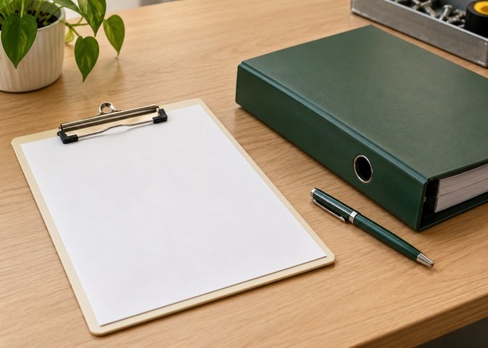 Illustrative blank service access request beside closed maintenance binder and capped pen