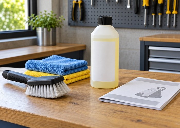 Illustrative unused soft brush and cloths beside closed unbranded cleaner bottle and manual