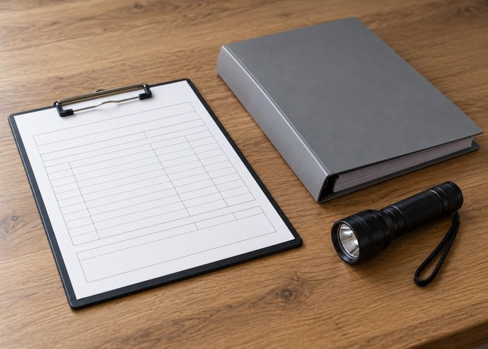 Illustrative blank post-cleaning inspection form beside closed maintenance folder and switched off flashlight