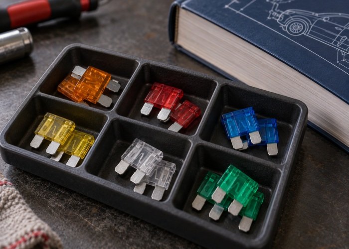 Illustrative detached intact generic blade fuses arranged separately in a parts tray