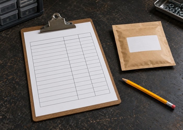 Illustrative blank circuit identity worksheet beside sealed parts envelope and pencil